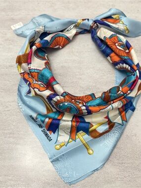 Japan vintage silk scarf White Multicolor Ribbon Rosette Silk Scarf